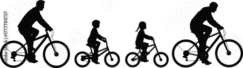 Family of four cycling together, silhouette of a mother, father, son, and daughter riding bicycles, healthy family activity, outdoor recreation.