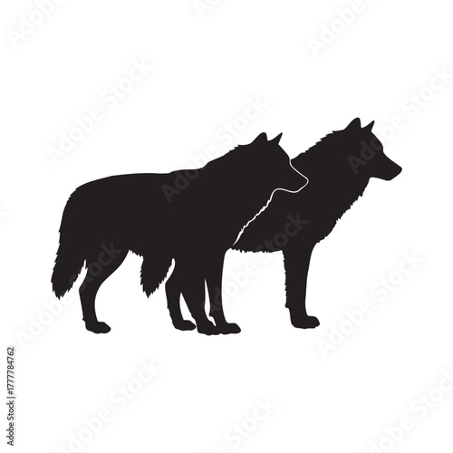 Elegant silhouette of two wolves, symbolizing strength, loyalty, and wilderness adventure