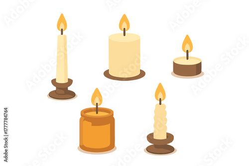 Assortment of lit wax candles including pillar, taper, twisted, and tea light styles