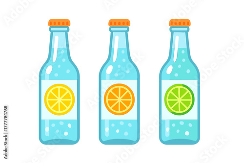 Three refreshing glass bottles of citrus flavored sparkling water or soda drink set