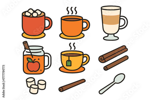 Collection of cozy hot beverages including coffee, tea, hot cocoa, and spiced cider