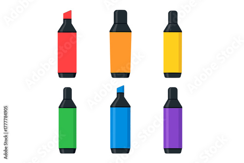 Six bright colorful markers and highlighters arranged in two rows on a white background