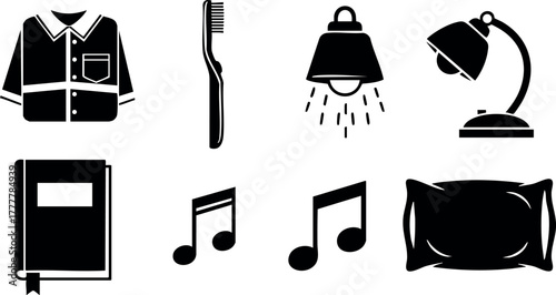 Everyday objects vector icons set including shirt, toothbrush, lamp, desk lamp, notebook, music notes, pillow 