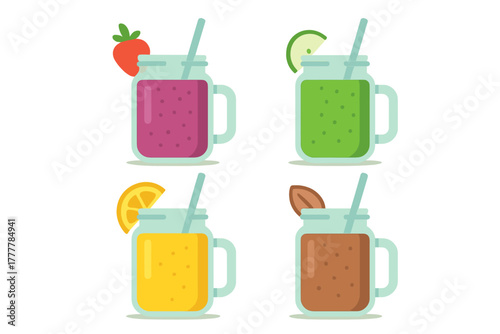 Set of four vibrant detox and energy drinks served in glass mason jars with straws