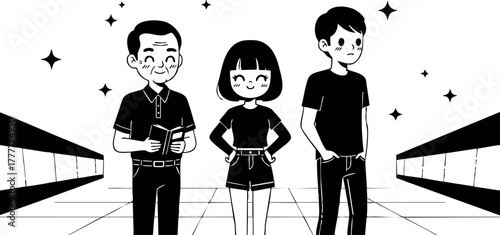 Three people standing in aisle with shelves in minimalist black and white vector illustration 