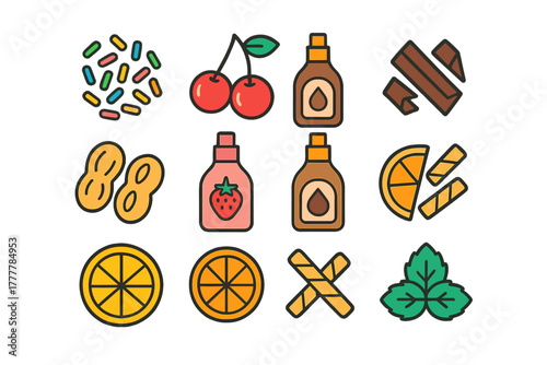 Colorful dessert toppings and garnishes including fruit, nuts, syrup, and spices set