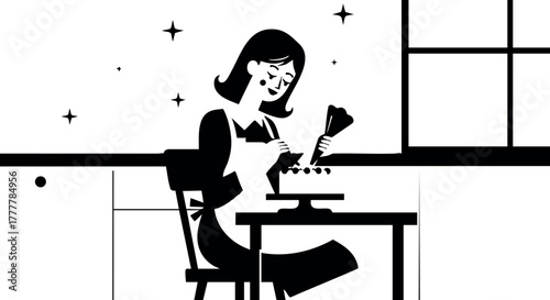 Woman florist arranging flowers at table in modern shop interior with smiling expression and creative workspace 