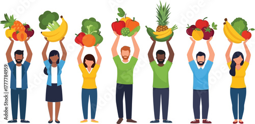 Diverse group of people holding fresh fruits and vegetables