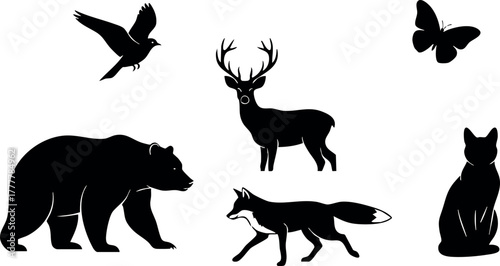 Wild animal silhouettes including bear, deer, fox, bird, butterfly, and cat in black vector illustration 