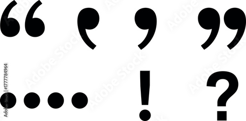 Punctuation marks vector collection including quotation marks comma period exclamation mark question mark in bold black style 