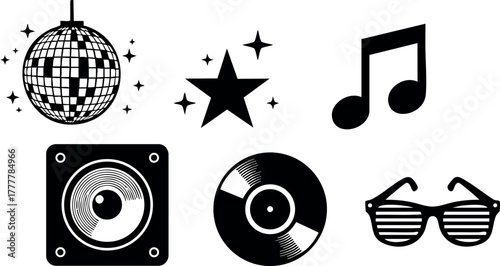 Retro disco party vector icons with music note, vinyl record, star, speaker, sunglasses and disco ball 