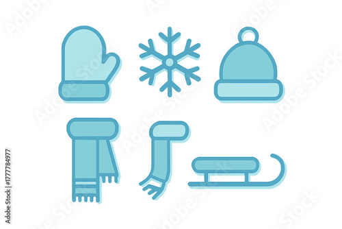 Blue winter season icons set featuring mitten, snowflake, hat, scarf, and sled