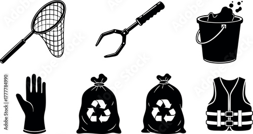 Cleanup tools recycling bags gloves net bucket grabber vest vector set for environmental awareness projects 