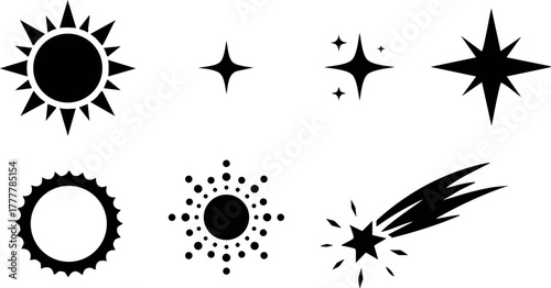 Sun star and comet black silhouette vector set of celestial objects and cosmic icons for graphic design 