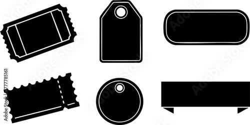 Black silhouette vector set of various blank labels, tickets, tags, and badges for graphic design projects.