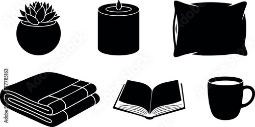 Cozy home essentials vector set with succulent plant candle pillow blanket book and mug icons 