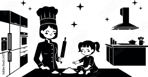 Mother and daughter baking together in modern kitchen with chef hat and rolling pin in black and white vector illustration 
