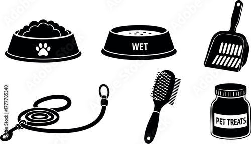 Pet care essentials vector icons featuring food bowls, leash, brush, litter scoop and treat jar for animal accessories 