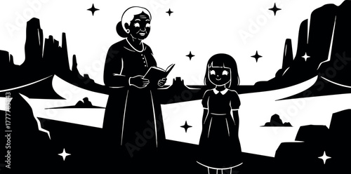Elderly woman reading to young girl under starlit sky in mountainous landscape, monochrome vector illustration, night scene 