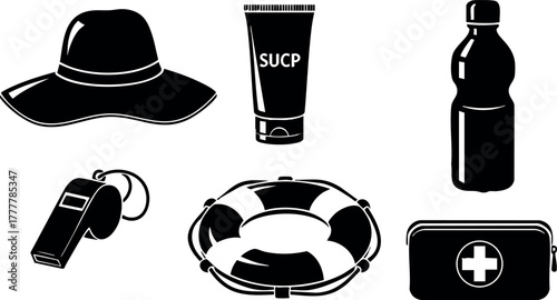 Lifeguard essentials including whistle, hat, sunscreen, water bottle, first aid kit, and lifebuoy vector illustration 