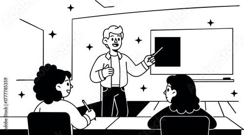 Classroom teacher giving lesson to two students at desk with chalkboard in black and white vector illustration 