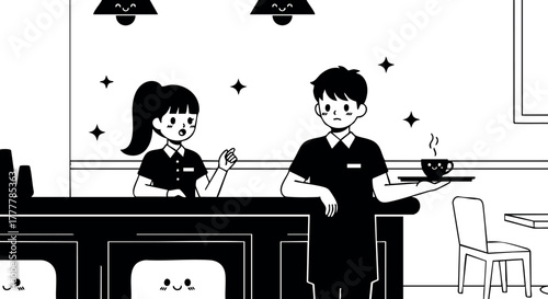 Cafe counter staff working together in minimalist black and white vector style illustration for hospitality concepts 