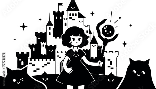Fantasy witch girl with magic staff, black cats, and whimsical castle background in monochrome vector illustration 
