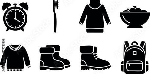 Morning routine essentials icons including alarm clock, toothbrush, sweater, boots, bowl, and backpack in black vector style 