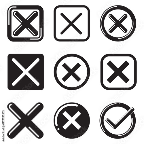 Collection of black and white cancel and check mark icons displayed
