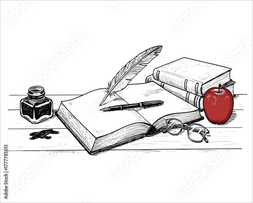 Artistic Still Life with Open Book Quill Pen and Red Apple