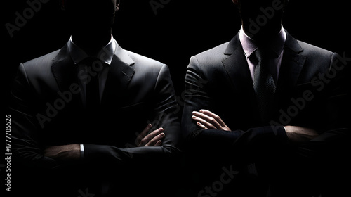 Shadowed Alliance: Two figures in sophisticated attire stand side by side, their silhouettes defined against a deep, dark backdrop, hinting at an exclusive bond or a secretive agreement.