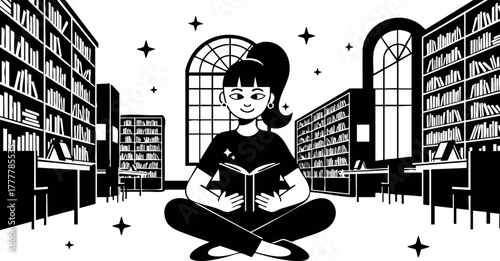 Girl reading a book in a peaceful library with tall arched windows and bookshelves in monochrome vector style 