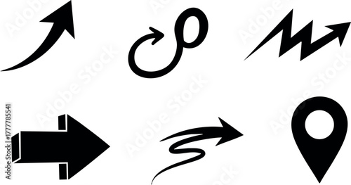 Arrow icon set featuring curved, straight, zigzag, looped, and location pin vector symbols in black silhouette style 