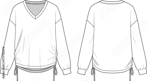 Women's long sleeve top, fashion sketch, technical flat, V-neck, drawstring hem, ribbed cuff, apparel design, garment illustration