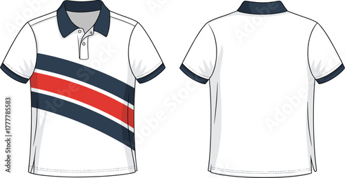 cad drawing, flat vector illustration, boys polo shirt, diagonal stripe design, front back view