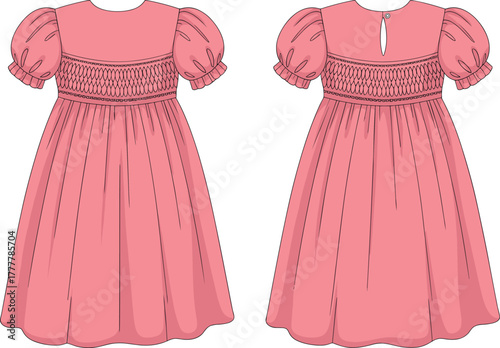 Pink puff sleeve dress, smocked bodice fashion design, cute girls outfit, stylish clothing flat illustration