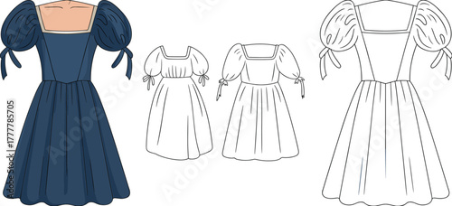 Elegant puff sleeve dress, square neckline design, vintage fashion sketch, detailed clothing flat, cad vector illustration