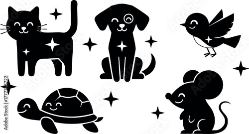 Cute domestic animals vector silhouettes including cat, dog, bird, turtle, and mouse with stars in playful style 