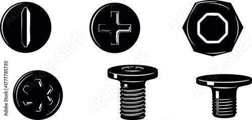 Various screw head and bolt types vector illustration with different industrial hardware fastener designs in black silhouette style 