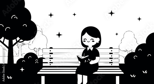 Girl reading book on park bench with trees and night sky stars, peaceful outdoor scene, black and white vector illustration 