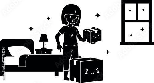 Girl unpacking boxes in bedroom with window and sparkling clean interior, cozy home scene vector illustration 