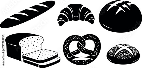 Bakery bread types vector illustration with baguette, croissant, sandwich loaf, pretzel, round loaf, and bun icons 