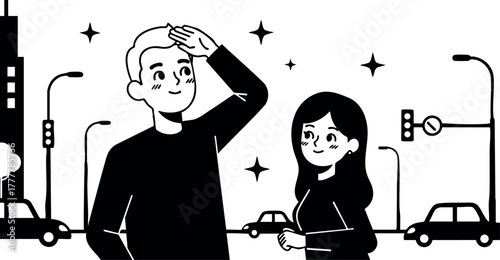 Urban city street scene with two people walking among cars and buildings at night vector illustration 