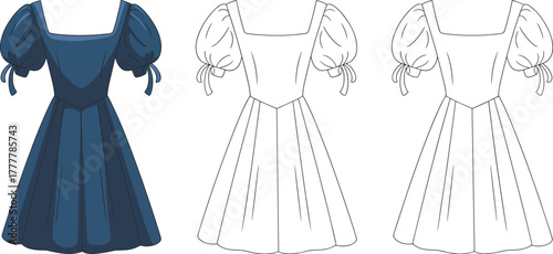 Elegant puff sleeve dress, square neckline design, stylish fashion illustration, clothing flat sketch, cad vector drawing