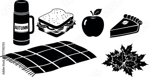 Autumn picnic blanket with sandwich apple pie thermos and fall leaves vector illustration in black and white 