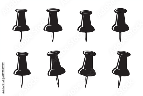 Black push pins graphic design element for reminders and organization
