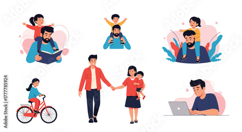 Collection of heartwarming family moments showing a loving father bonding with his son and daughter in various daily activities.