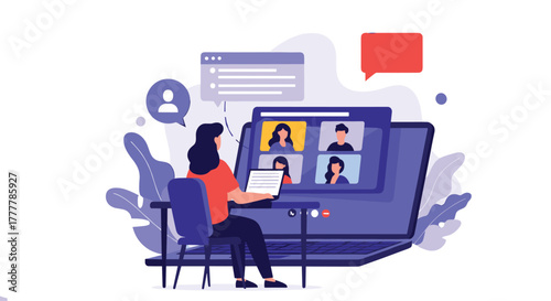 Woman engaged in a professional video conference from her desk, collaborating with colleagues online through a laptop screen.