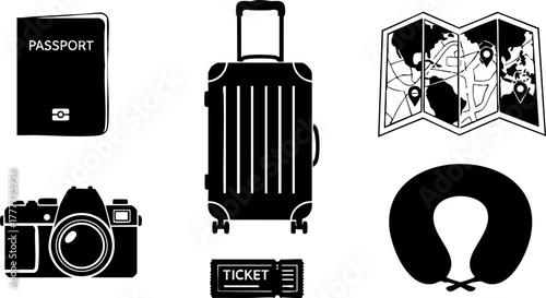 Travel essentials vector icons including suitcase passport map camera ticket and neck pillow for modern trip planning 