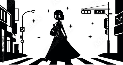 Woman crossing city street at night with handbag under traffic lights in monochrome vector illustration 